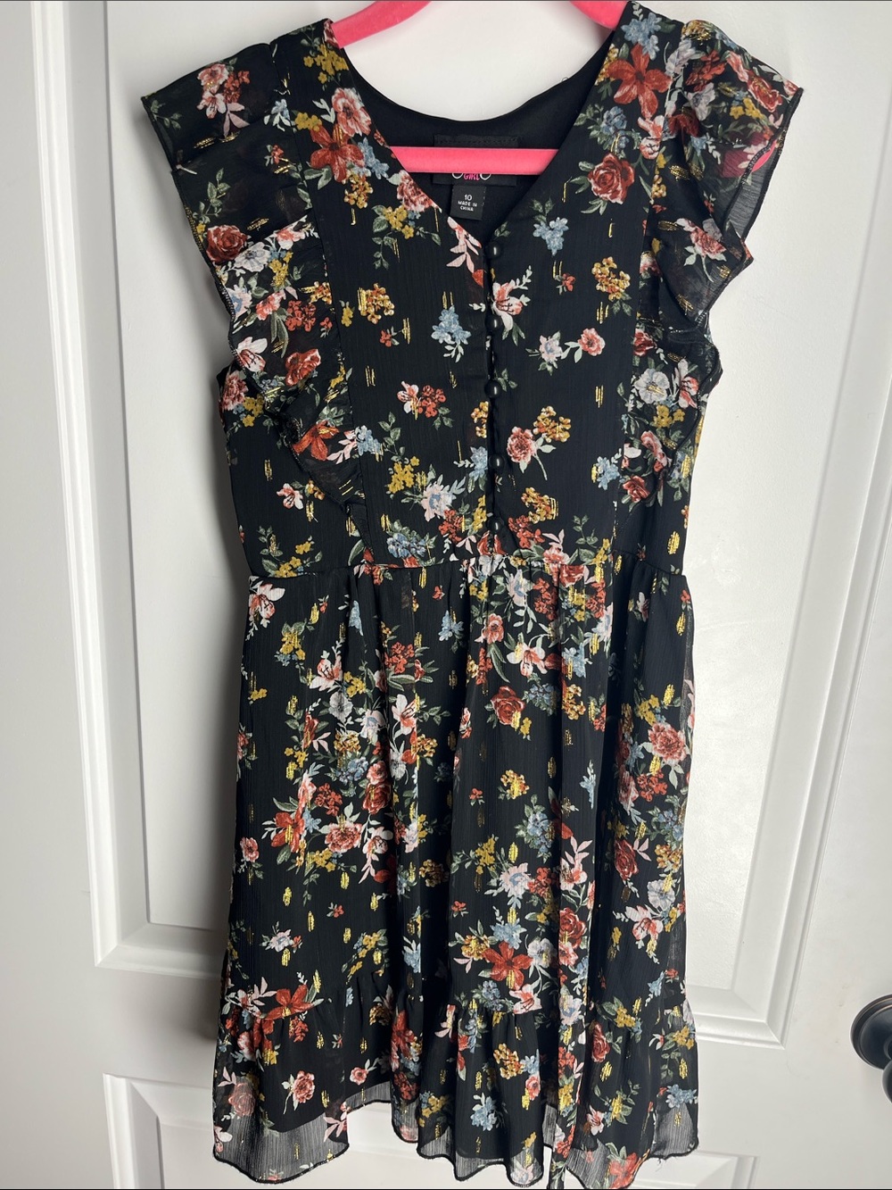 Girls' Black Floral Ruffle Sleeve Dress